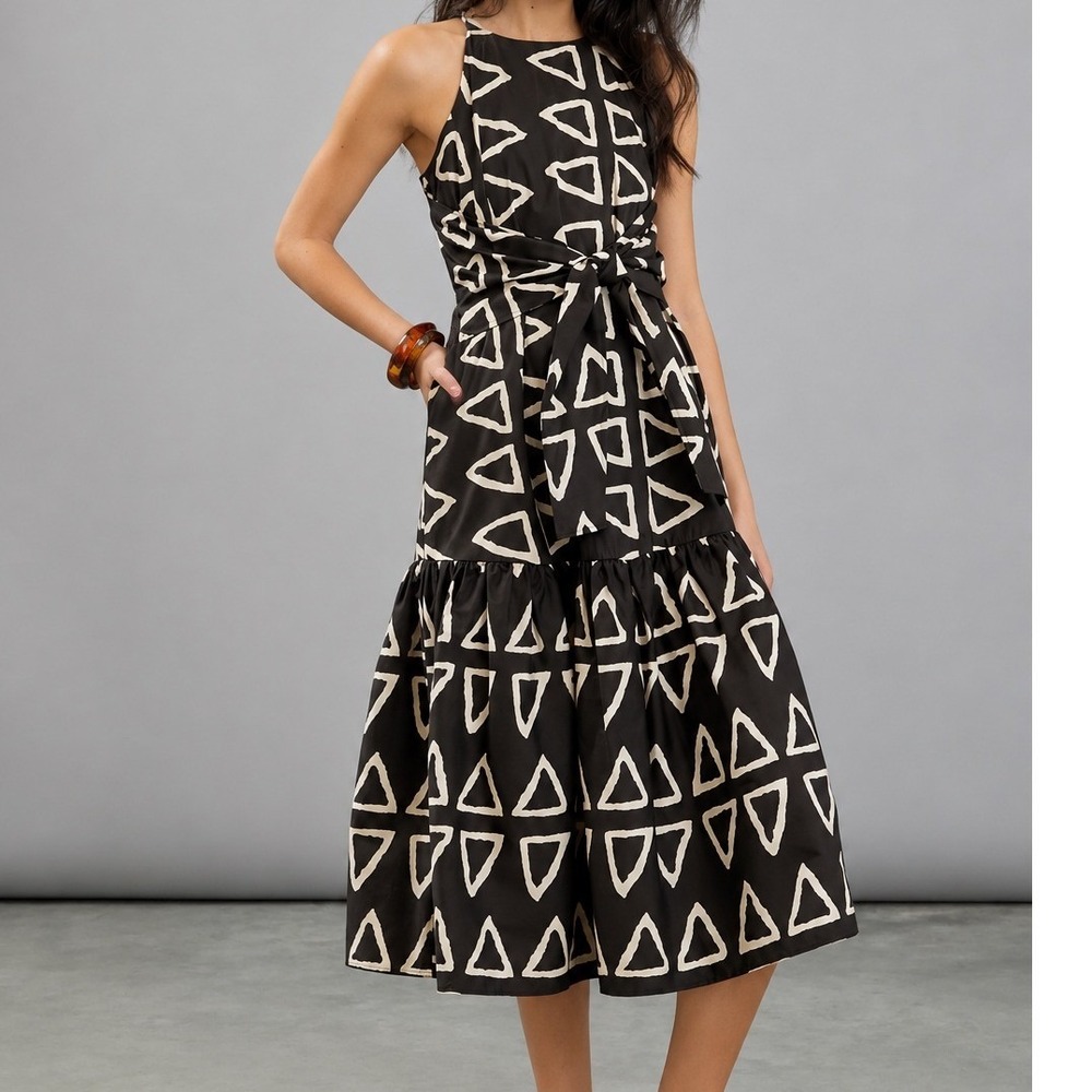 Corey Lynn Calter Keyanna Midi Dress Black Tan Geometric Tie Front Tiered S
